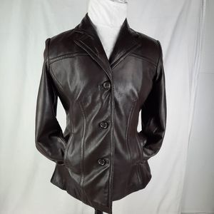 Avanti dark chocolate brown leather coat jacket fitted lapel button tailored Med